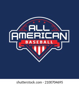 All american baseball logo with american flag red, blue, white, and baseball field badge