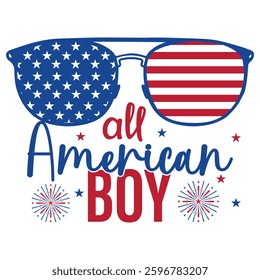 All American Boy 4th Of July T-shirt Design Vector, American Independence Day Illustration, Fourth Of July Usa Flag Design