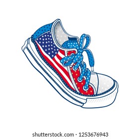 All American dancing sneaker vector drawing featuring USA flag, USA stars and stripes symbolising happy celebratory mood of the nation or simply the history of sneakers.