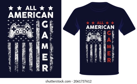 All American Gamer Usa Grunge Flag Game Lover Tshirt Design