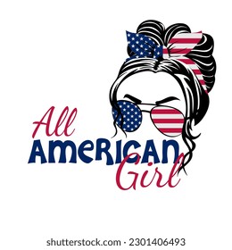 All American Girl. 4th of July Messy Bun Girl American. US independence day. Vector illustration