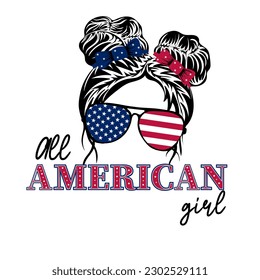 All American Girl. 4th of July Messy Bun Girl American. US independence day. Vector illustration