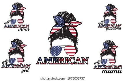 All American Grandma Mom Mama American Flag Messy Bun Hair Style Vector illustration - Shutterstock ID 1975032737