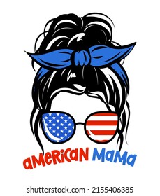 All American Mama - Beautiful woman face with aviator sunglasses and blue bandana. Mom with messy bun, getting stuff done. Happy Independence Day!