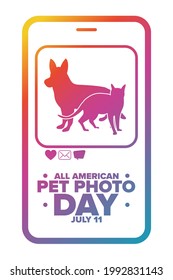 All American Pet Photo Day. July 11. Holiday concept. Template for background, banner, card, poster with text inscription. Vector EPS10 illustration