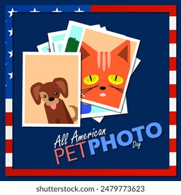 All American Pet Photo Day event pet banner. Photos of dogs and cats in frames on dark blue background to celebrate on July 11th