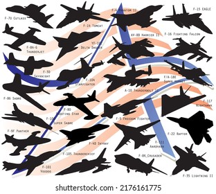All American star jet fighter aircraft monochrome silhouette illustration set. Star and stripes imitated background.