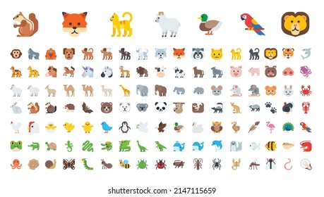 Alle tierischen Emoticons in einem großen Set. Vögel, Reptilien, Säugetiere Symbolsammlung. Kollektion von Tierillustrationen
