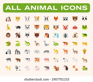 All animals vector illustrations set. Wild, domestic, farm, savannah animals icons set. Dog, cat, rabbit, horse, monkey, elephant, lion, giraffe, crocodile, cow cute cartoon vector collection