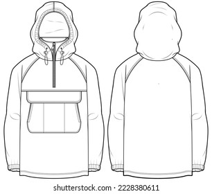 All Anorak  Hoodie jacket design flat sketch Illustration, Hooded sweater jacket with front and back view, Anorak winter jacket for Men and women. for hiker, outerwear and workout in winter