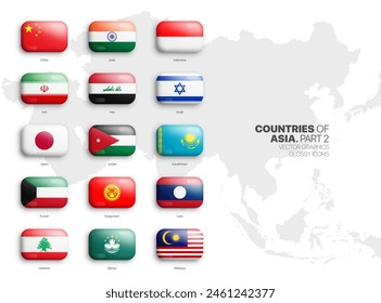 All Asian Countries Flags Vector 3D Rounded Glossy Icons Set Isolate On White Background Part 2. Official National Flags Of Asia Vivid Bright Color Bulging Convex Buttons Collection On Light Back