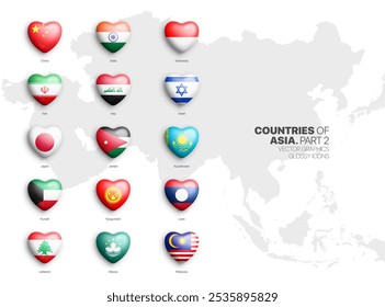 All Asian Countries Flags Vector 3D Heart Glossy Icons Set Isolate On White Background Part 2. Official National Flags Of Asia Vivid Bright Colour Bulging Heart Shaped Buttons Clip Art Design Elements