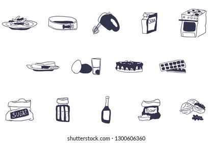 all baking kitchen equipment and raw doodles vector