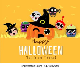 all banner halloween ,trick or treat with cute kawaii pumpkin,wicth,spider,devil,cupcake