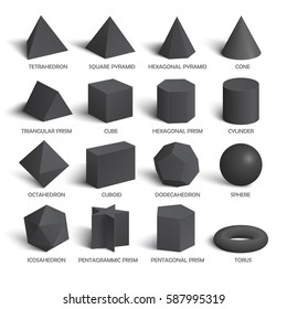 All basic 3d shapes template in dark. Realistic with shadow. Perfect for school, study, designers
