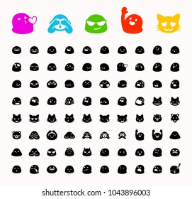 All basic face emojis, emoticons, emotions flat vector illustration symbols. Faces, kisses feelings, situations, shy, embarrassed, smile, mood, joke, laugh, cry, happy, smileys icons set, collection