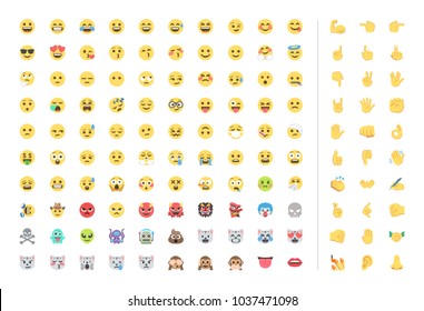 All Basic Face And Hand Emojis, Emoticons, Emotions Flat Vector Illustration Symbols. Hands, Faces, Feelings, Situations, Shy, Embarrassed, Smile, Mood, Joke, Lol, Laugh, Cry, Happy, Smileys Icons