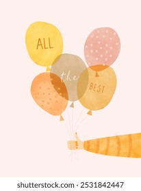 Todo Lo Mejor. Linda tarjeta de felicitación dibujada a mano con globos y mejores deseos. Mano Que Sostiene Un Montón De Globos. Estilo infantil fresco Ilustración vectorial de dibujo ideal para la tarjeta de cumpleaños, Greetings.RGB