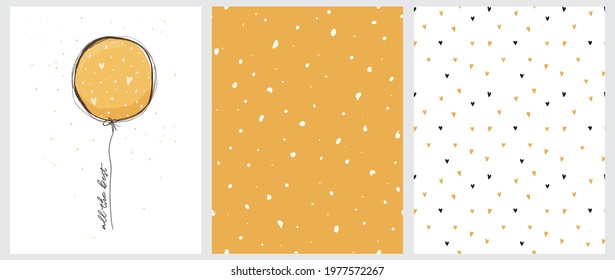 All the Best. Hand Draw Yellow Ballonn with Best Wishes. Abstract Seamless Vector Pattern with White Irregular Spots on Yellow Background. Black and Yellow Tiny Hearts on a White Layout. Cute Balloon.