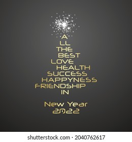 All the best in New Year 2022 white gold typography shining Christmas tree black background