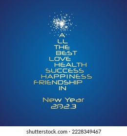 All the best in New Year 2023 white gold typography shining Christmas tree word cloud blue background