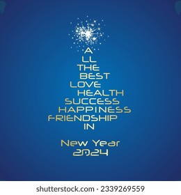 All the best in New Year 2024 white gold typography shining Christmas tree word cloud gold white blue background