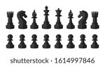 All black chess pieces isolated on the white background in flat style. Set including the king, queen, bishop, knight, rook and pawns.