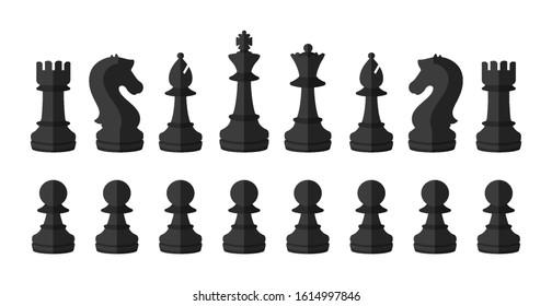 All black chess pieces isolated on the white background in flat style. Set including the king, queen, bishop, knight, rook and pawns. svg