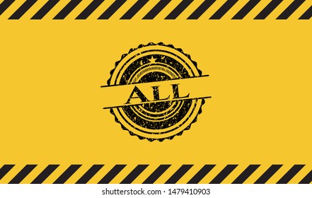 All black grunge emblem, yellow warning sign. Vector Illustration. Detailed.