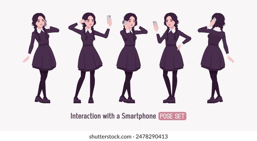 All black outfit pale girl, goth long sleeved dress smartphone user pose, wearing Mary Jane shoes, long pigtail braids, dark beauty charm costume, cool monochrome uniform look. Vector illustration