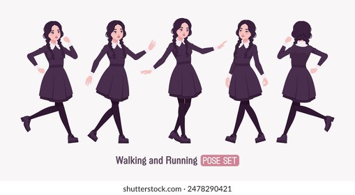 All black outfit pale girl, goth style long sleeved dress running pose, wearing Mary Jane shoes, two long pigtail braids, dark beauty charm costume, cool monochrome uniform look. Vector illustration