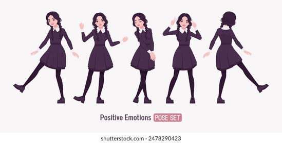 All black outfit pale girl, goth style long sleeved dress happy pose, wearing Mary Jane shoes, two long pigtail braids, dark beauty charm costume, cool monochrome uniform look. Vector illustration