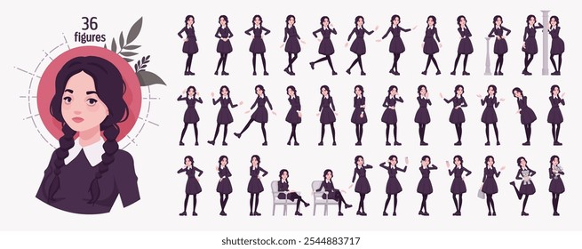 Todo el traje negro chica pálida, gótico de manga larga vestido conjunto de personajes, Paquete, trenzas largas de coleta, traje de encanto, poses de aspecto uniforme fresco, emoción, sentimiento de vida, diversas situaciones de vida. Ilustración vectorial