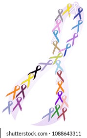 All Cancer Colors Awareness Ribbons Collage Vector Illustration