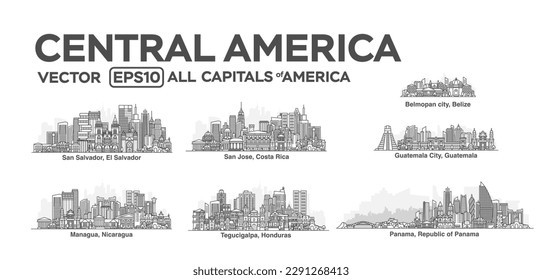 Todas las capitales de América Central. Ciudades en un estilo lineal con vistas famosas y puntos de referencia. Trazo editable. Ilustraciones de la línea de la ciudad de Skyline.