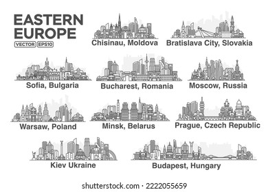 Alle Hauptstädte Osteuropas. Städte im linearen Stil mit berühmten Aussichten und Sehenswürdigkeiten. Bearbeitbarer Strich. Illustrationen der Skyline-Stadt.