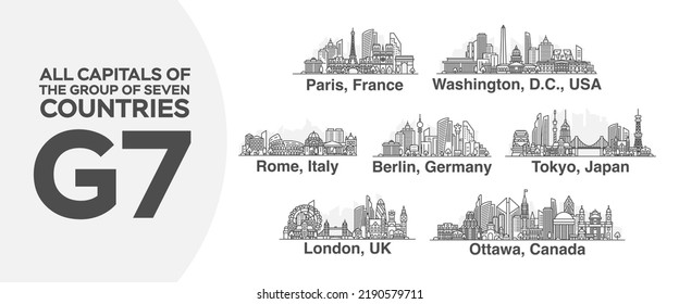 All capitals of The Group of Seven (G7) countries in a linear style isolated on a white background.