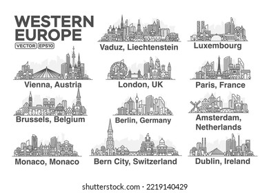 All capitals of Western Europe. Cities in a linear style with famous views and landmarks. Editable stroke. Skyline city line illustrations.