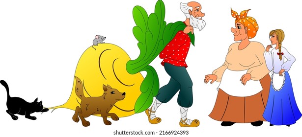 all the characters of a Russian fairy tale about a turnip, an old man with an old woman, a granddaughter, a dog, a cat and a mouse