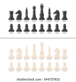 All chess pieces, black and white, from pawn to king and queen. Flat style vector illustration. svg