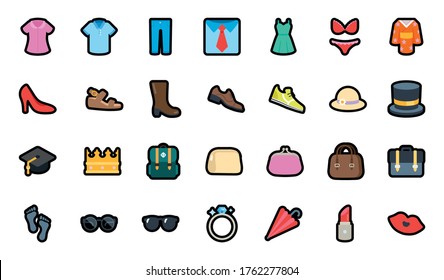 All Clothes Vector Icons Set. Shopping Emojis Collection. Menswear, Womenswear, Accessories, Ring, Hat, Shirts, Wears, Apparels, Dresses Illustrations svg