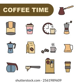 All for coffee. Time for coffee icons. Coffee icons colored with stroke. Coffee icon set. EPS 10.
