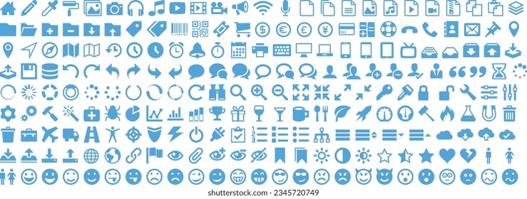 Todas las colecciones de iconos básicos para Acción, Web, Archivo, Comunicación, Medios sociales, Navegación, Hardware, iconos, emojis