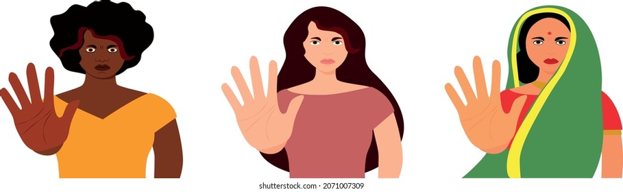 All Colors Are Beautiful. Black Life Matter. Say No To Racism. Three Woman Gesture Stop. Flat Vector Illustration.