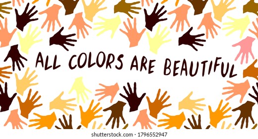 Todos los colores son inscripciones vectoriales hermosas escritas a mano en un marco de palmas. Símbolo de igualdad racial y nacional, amistad, infancia feliz, paz mundial, unidad de los pueblos