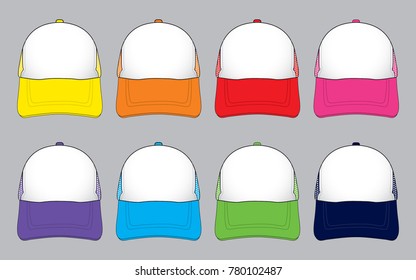 All Colors Trucker Cap With White Front Panel Design on Gray Background, Vector File