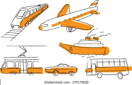 All common means of transportation - ship, plane, train, car, tram and a bus