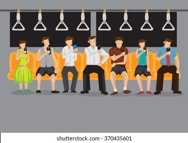 All commuters looking at their mobile phones inside public transport. Vector illustration on technology and modern lifestyle concept.