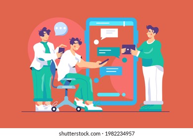 All correspondence in general chat vector illustration. Smartphone screen with app and income messages flat style. Chatting, technology, communication concept. Isolated on red background