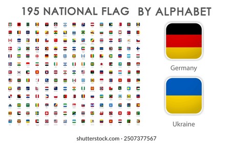  all countries flags set in the shape of rounded square with shadow and names